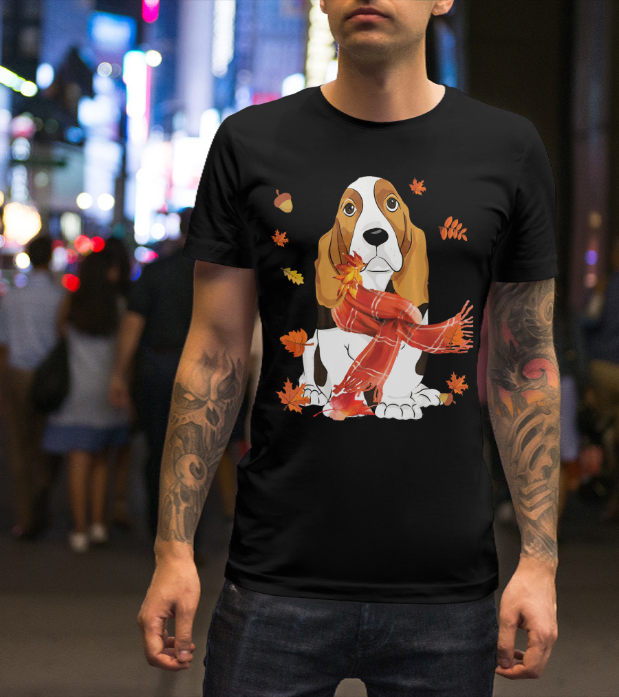 Cute Basset Hound Dog In Red Scarf With Autumn Leaves And Acorns T-Shirt