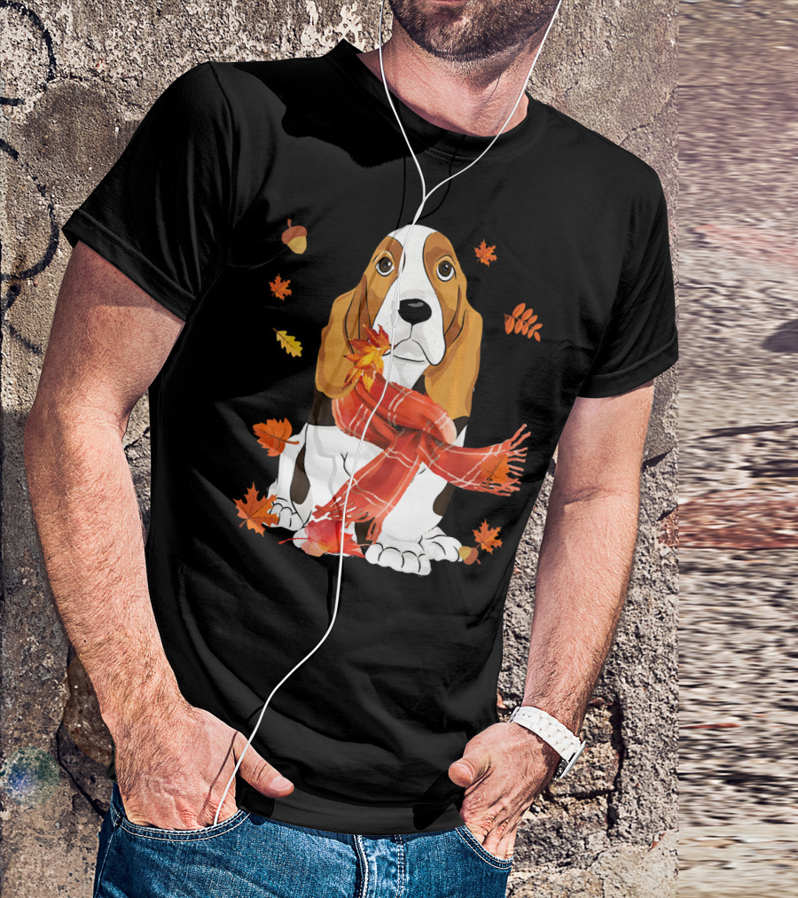 Cute Basset Hound Dog In Red Scarf With Autumn Leaves And Acorns T-Shirt