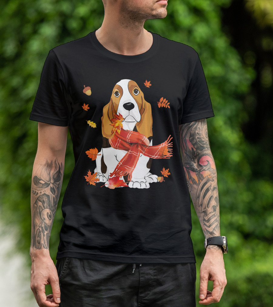 Cute Basset Hound Dog In Red Scarf With Autumn Leaves And Acorns T-Shirt