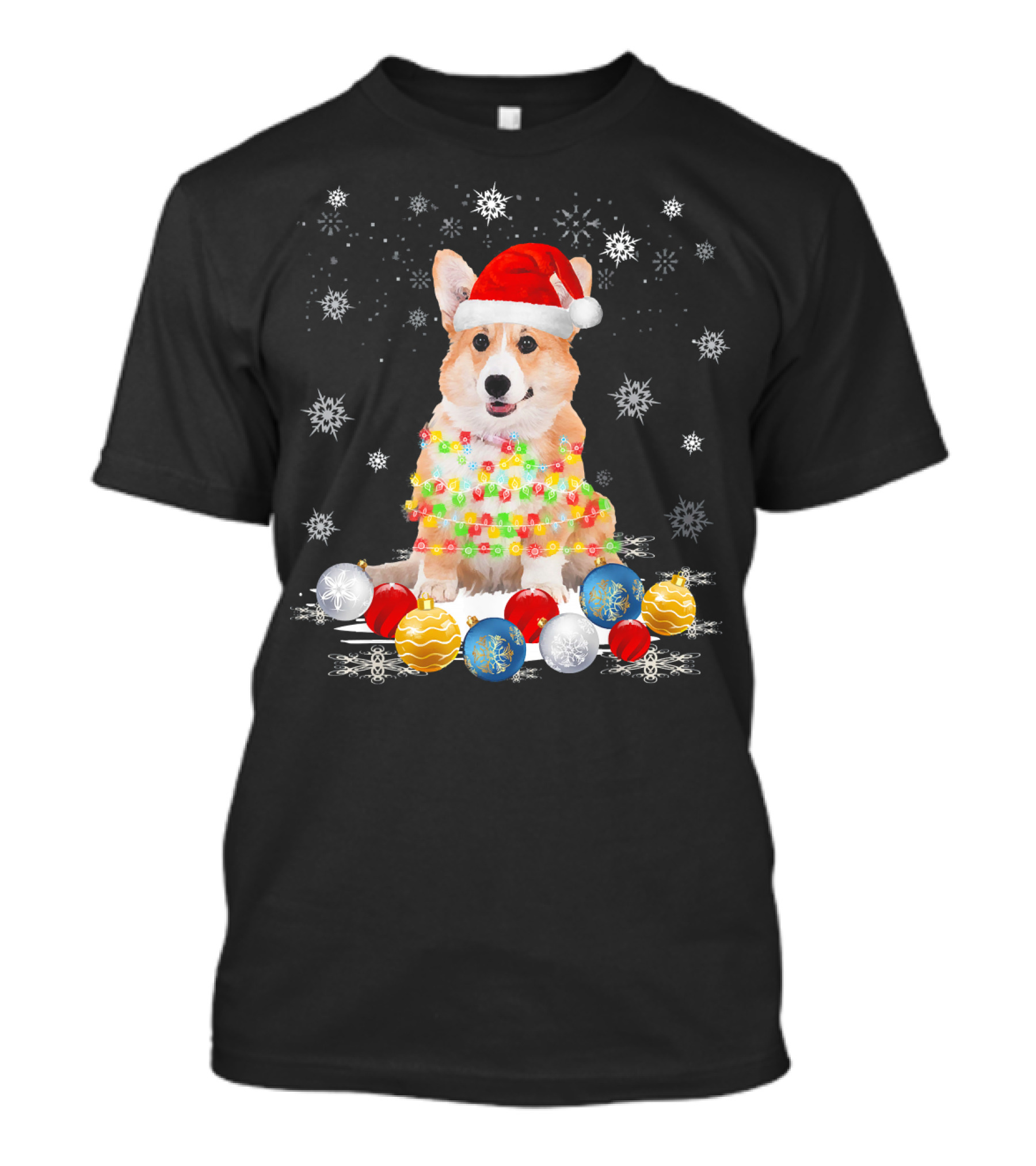 Corgi Dog In Santa Hat With Christmas Lights And Ornaments On Snowflake Background T-Shirt