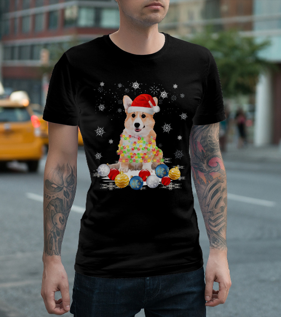 Corgi Dog In Santa Hat With Christmas Lights And Ornaments On Snowflake Background T-Shirt
