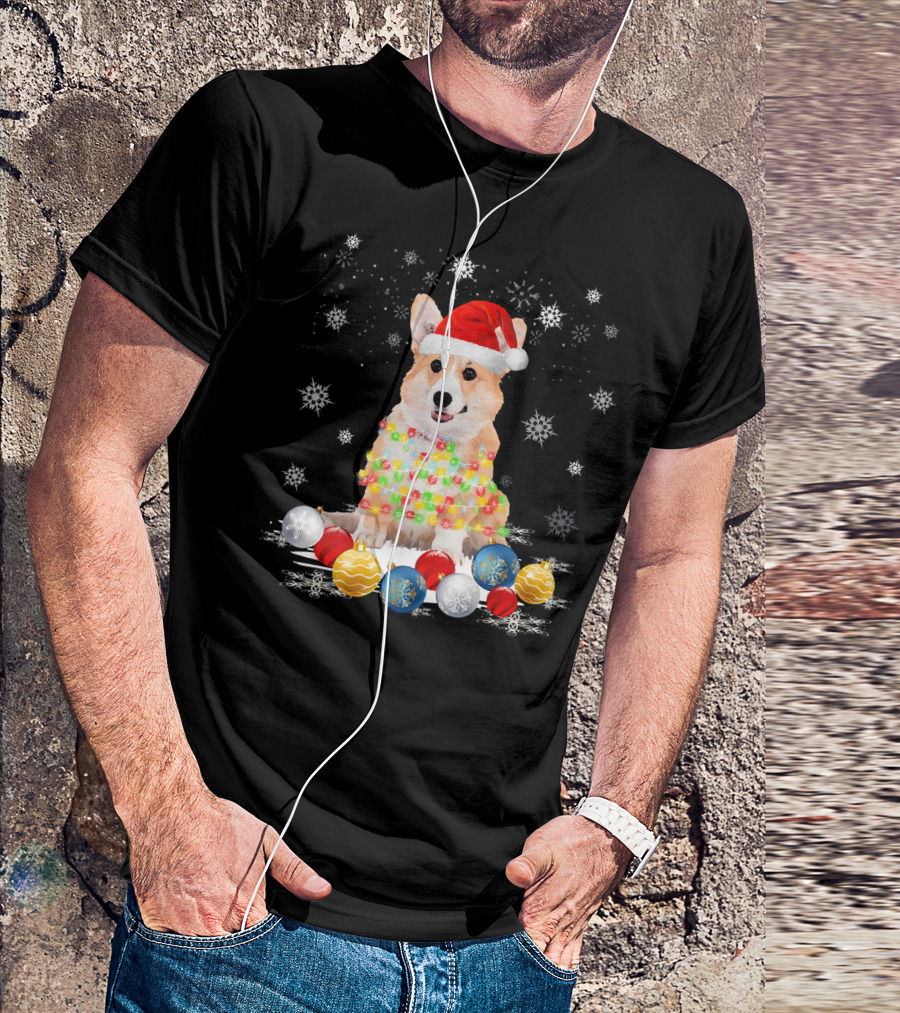 Corgi Dog In Santa Hat With Christmas Lights And Ornaments On Snowflake Background T-Shirt