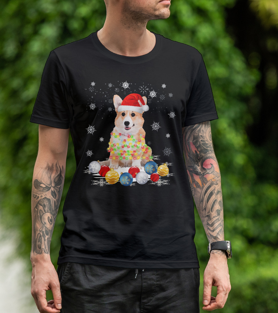 Corgi Dog In Santa Hat With Christmas Lights And Ornaments On Snowflake Background T-Shirt