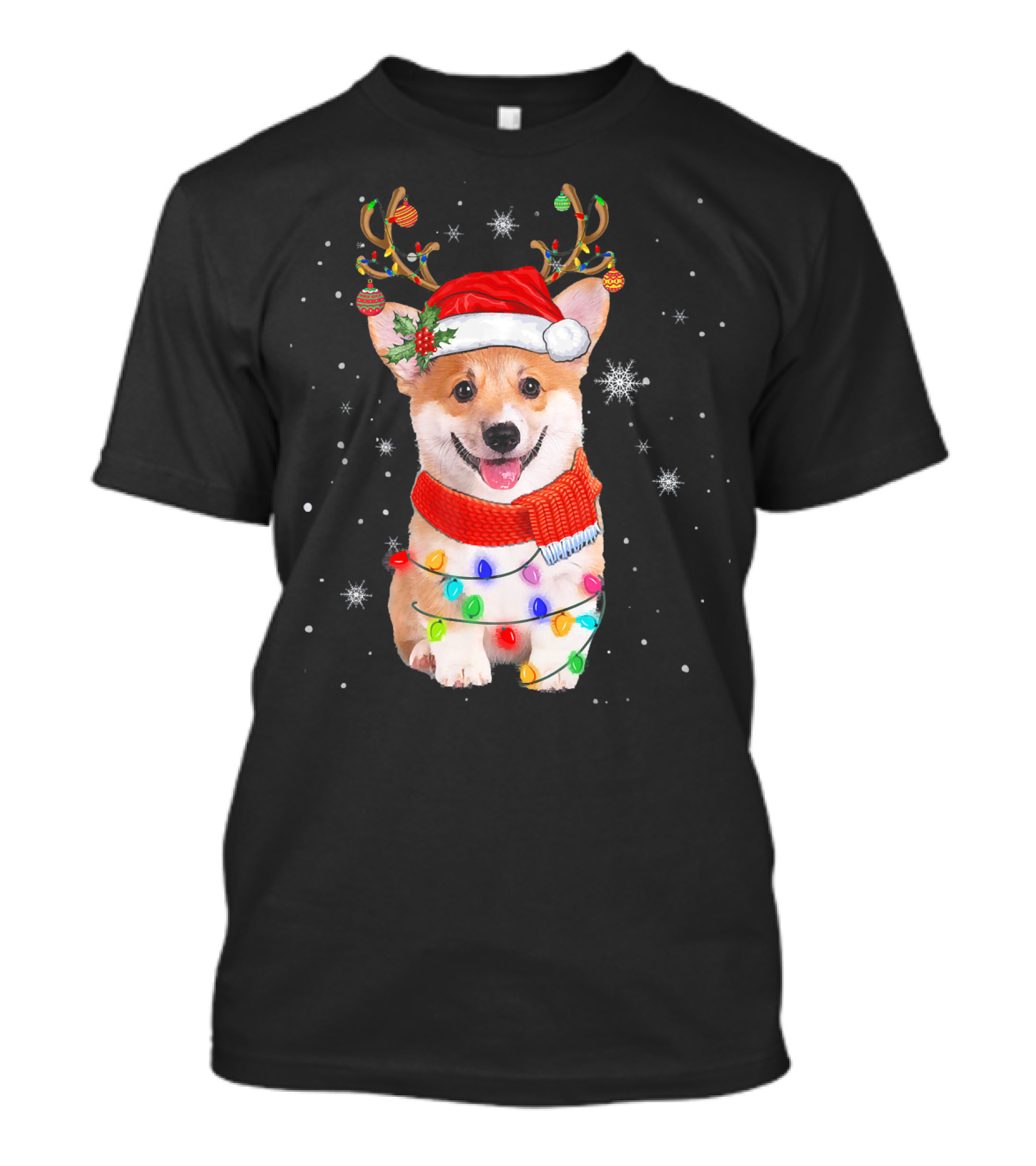Corgi Dog Christmas Reindeer Antlers Santa Hat Lights T-Shirt