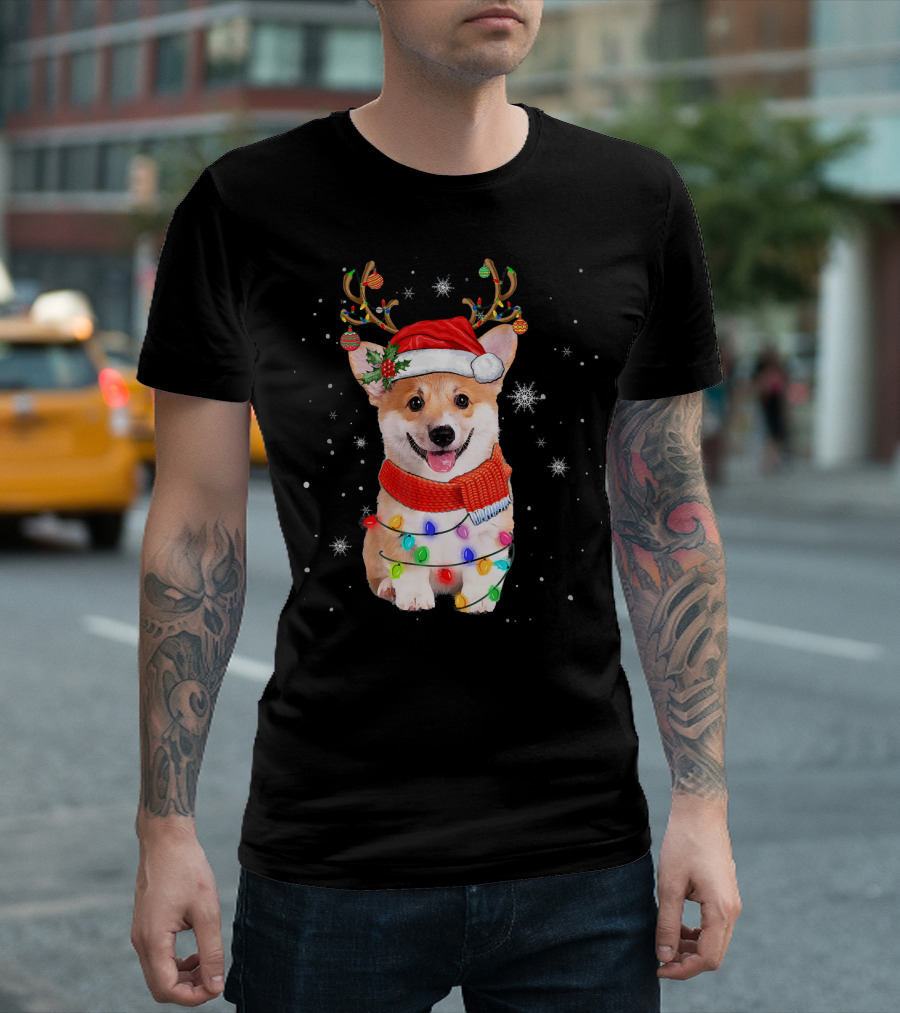 Corgi Dog Christmas Reindeer Antlers Santa Hat Lights T-Shirt