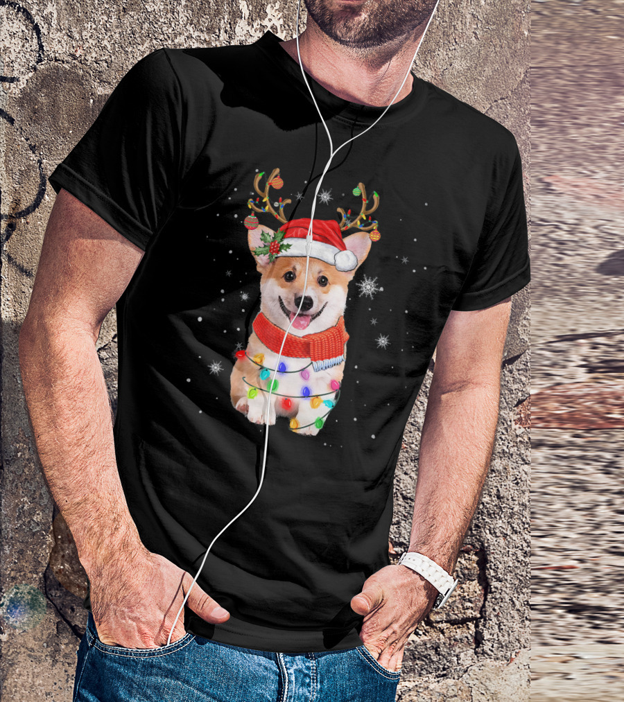 Corgi Dog Christmas Reindeer Antlers Santa Hat Lights T-Shirt