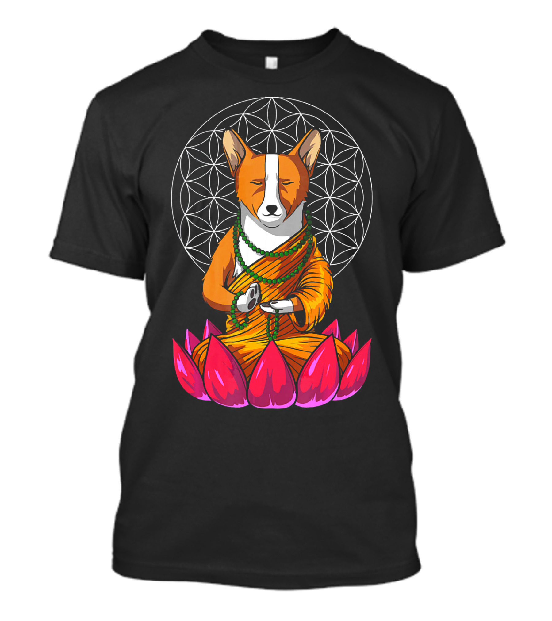 Corgi Dog Yoga Meditation Buddha On Lotus With Sacred Geometry T-Shirt