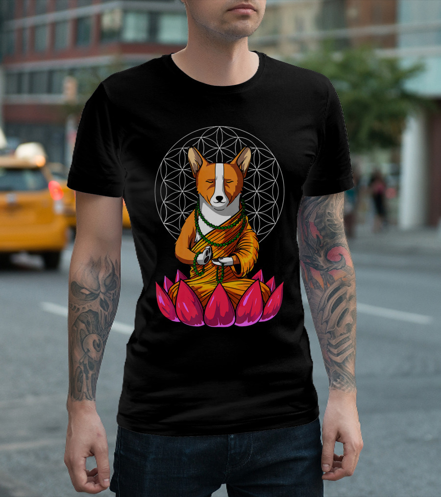 Corgi Dog Yoga Meditation Buddha On Lotus With Sacred Geometry T-Shirt