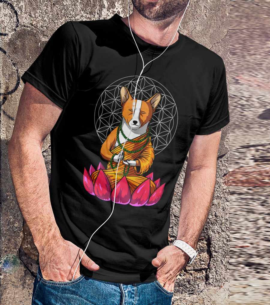 Corgi Dog Yoga Meditation Buddha On Lotus With Sacred Geometry T-Shirt