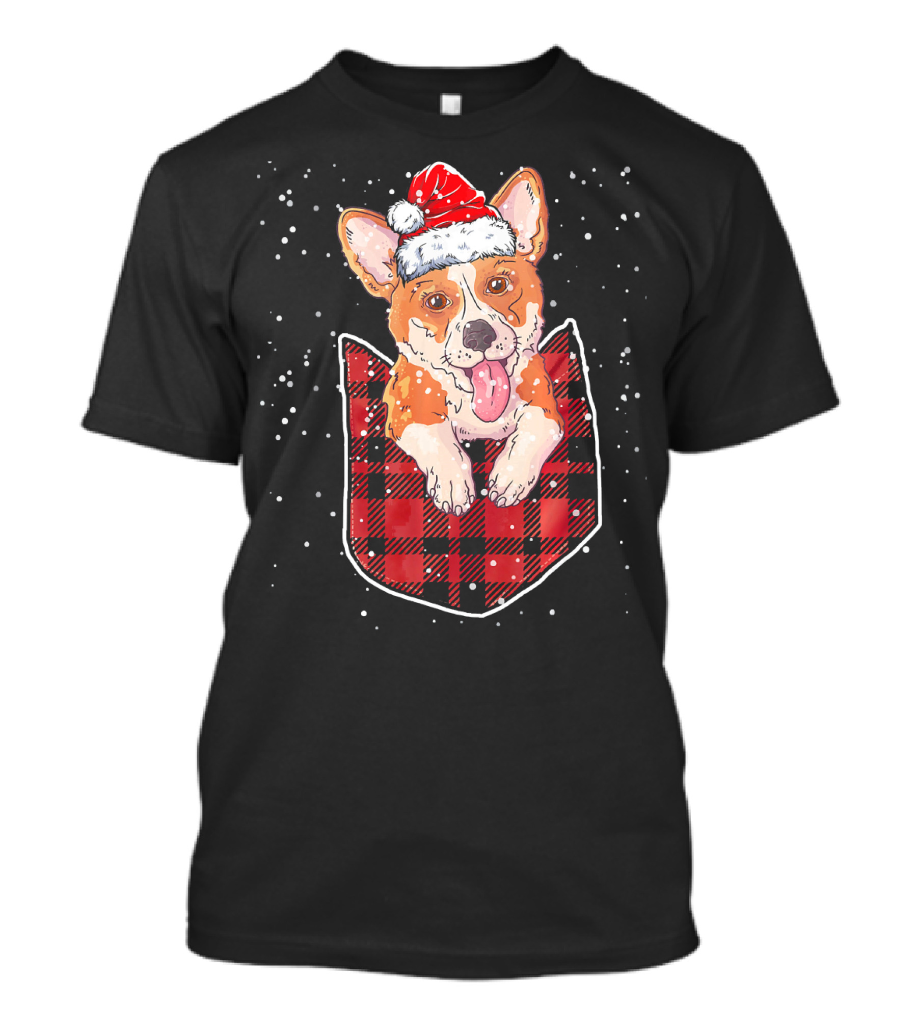 Cute Corgi Dog In Plaid Pocket With Santa Hat Christmas Funny Do T-Shirt