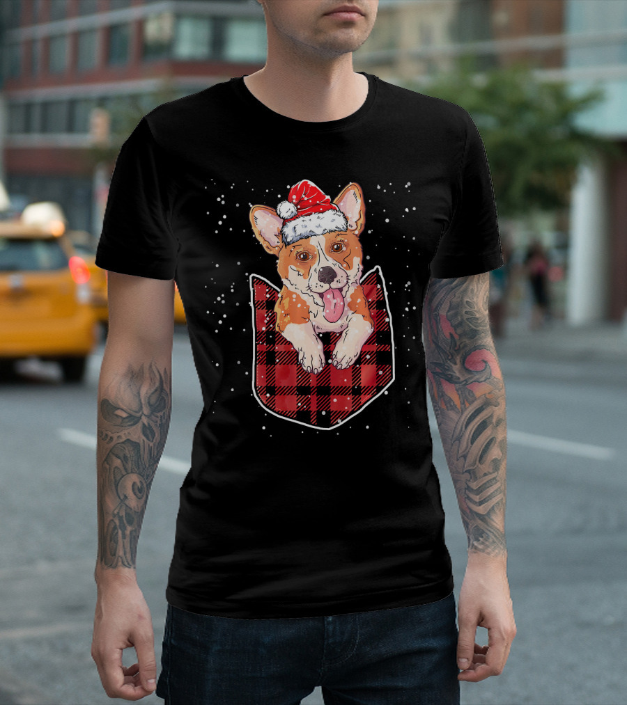 Cute Corgi Dog In Plaid Pocket With Santa Hat Christmas Funny Do T-Shirt