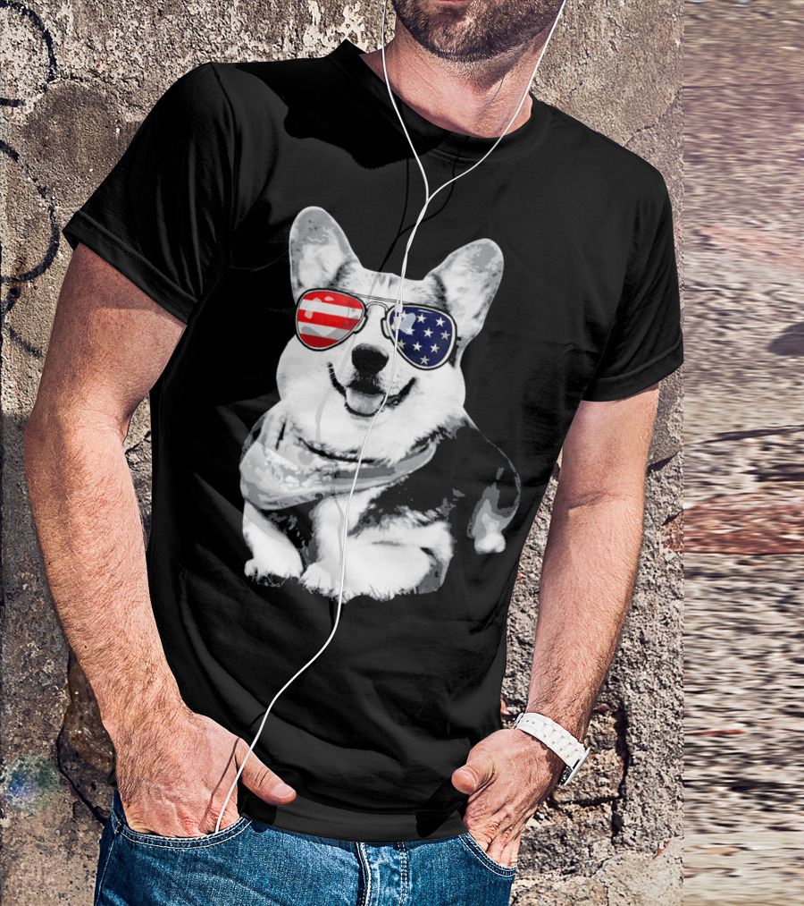 Corgi Sunglasses American Flag Stars Stripes T-Shirt