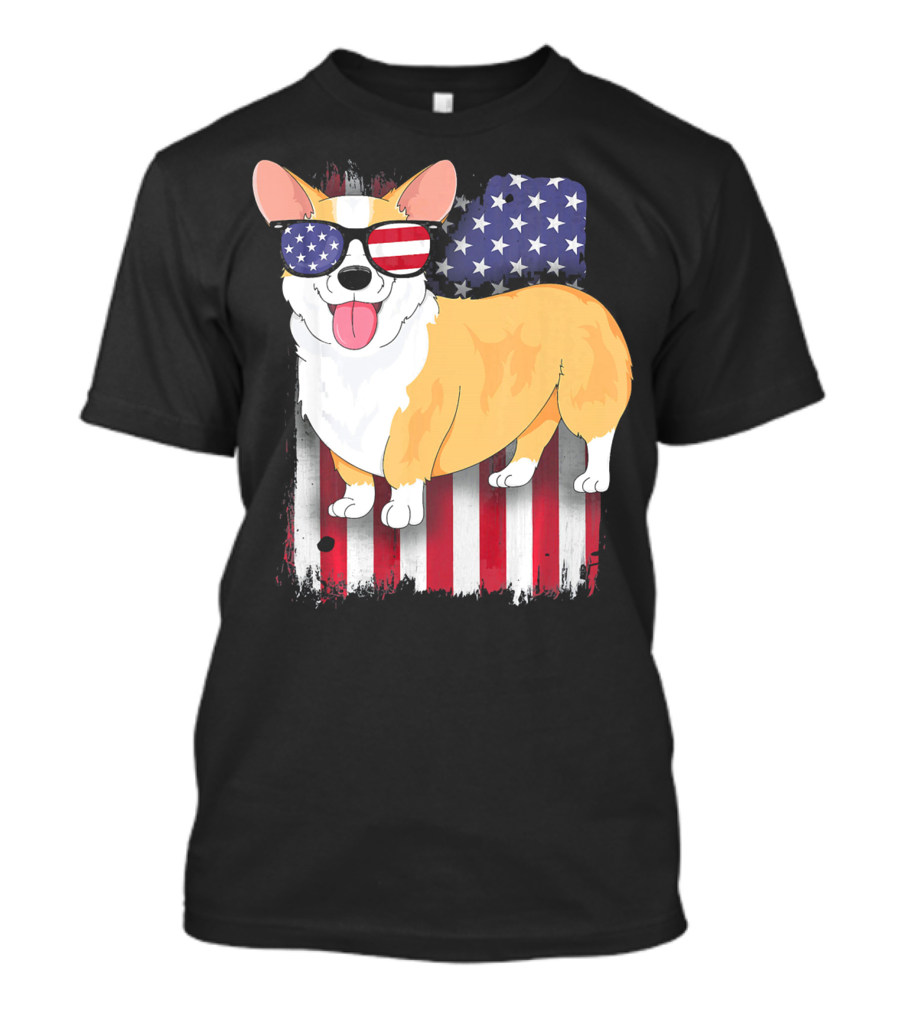 Corgi With American Flag Sunglasses And Stars And Stripes Background T-Shirt