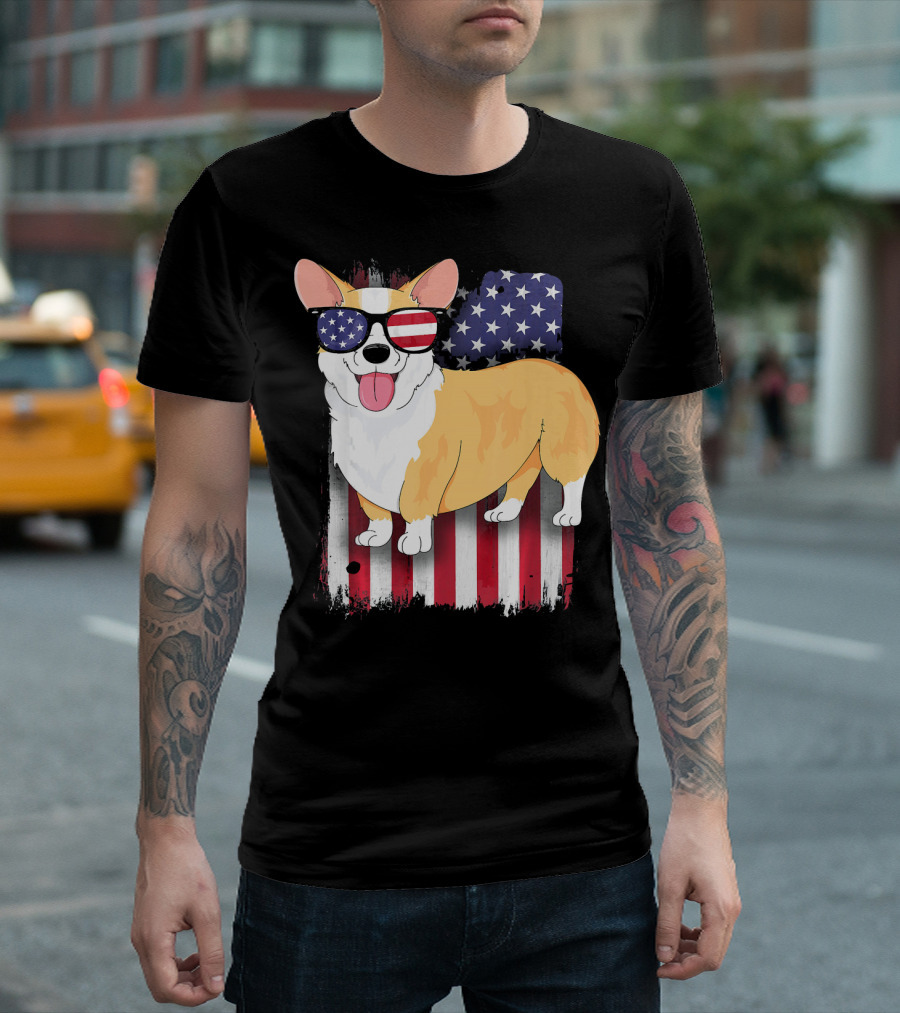 Corgi With American Flag Sunglasses And Stars And Stripes Background T-Shirt
