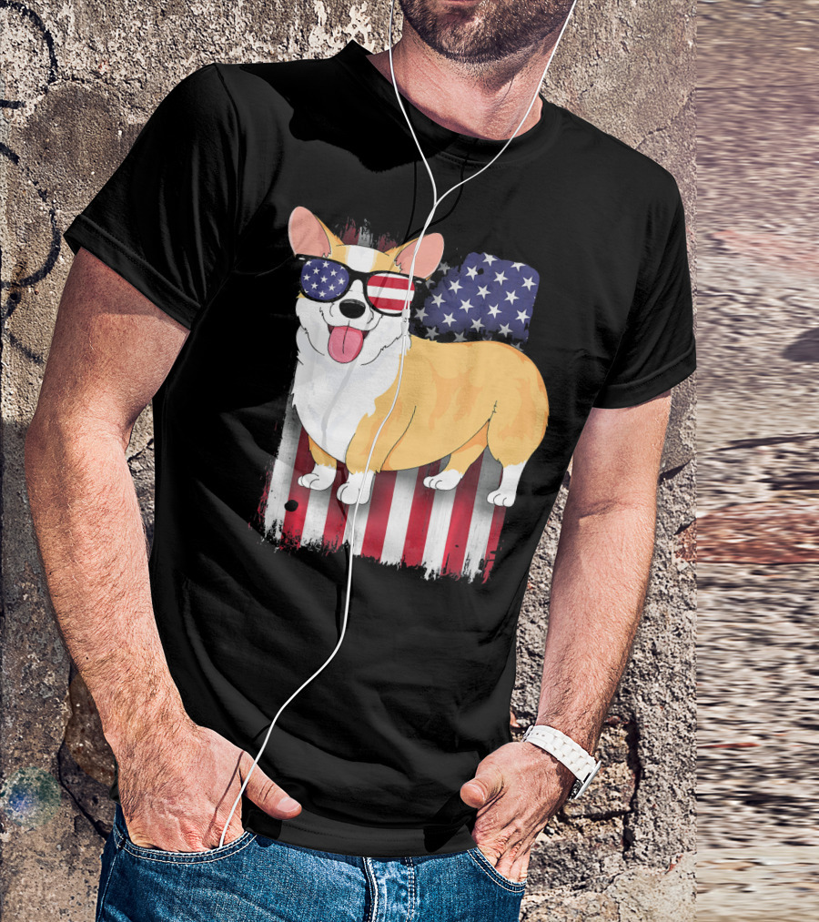Corgi With American Flag Sunglasses And Stars And Stripes Background T-Shirt