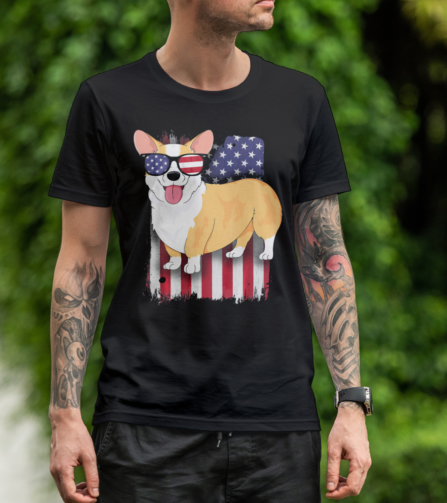 Corgi With American Flag Sunglasses And Stars And Stripes Background T-Shirt