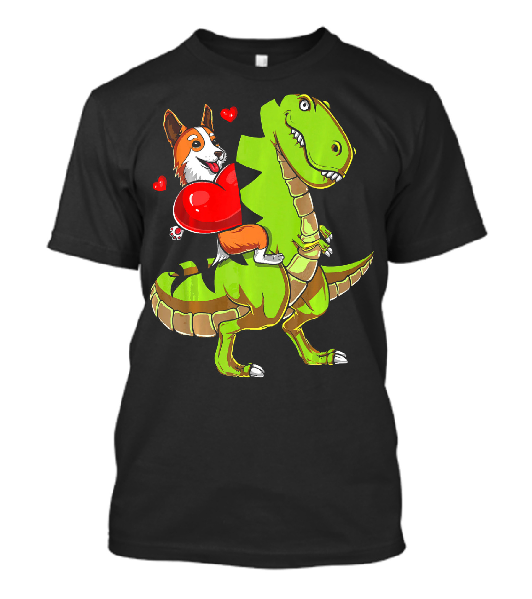Corgi Holding Heart Riding Green T-Rex Dinosaur With Hearts Valentin T-Shirt