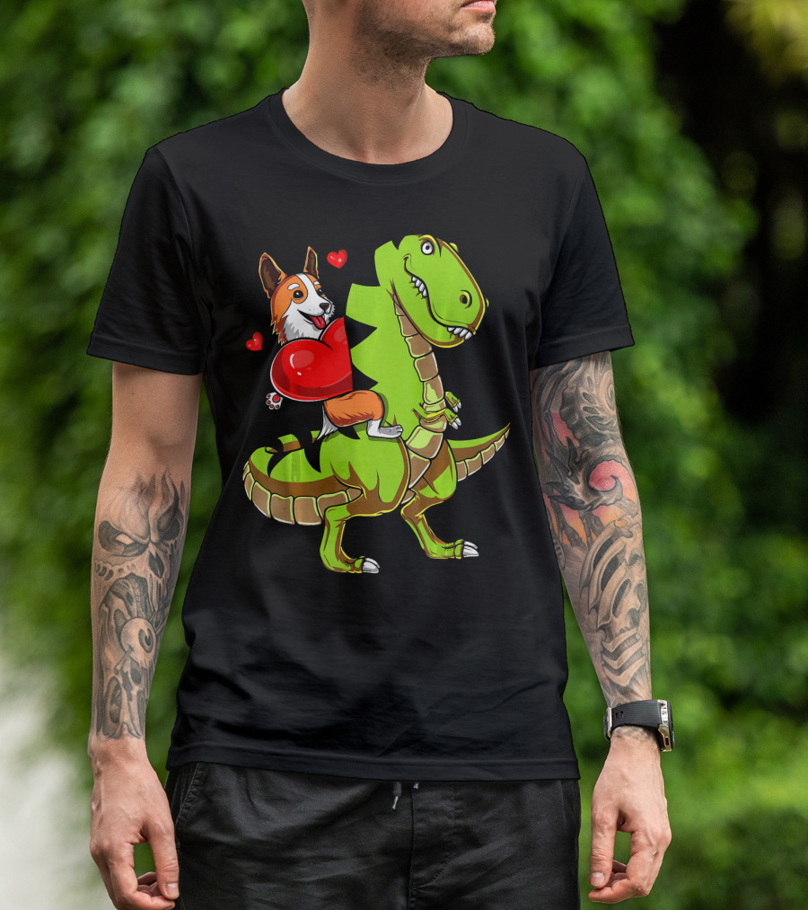 Corgi Holding Heart Riding Green T-Rex Dinosaur With Hearts Valentin T-Shirt