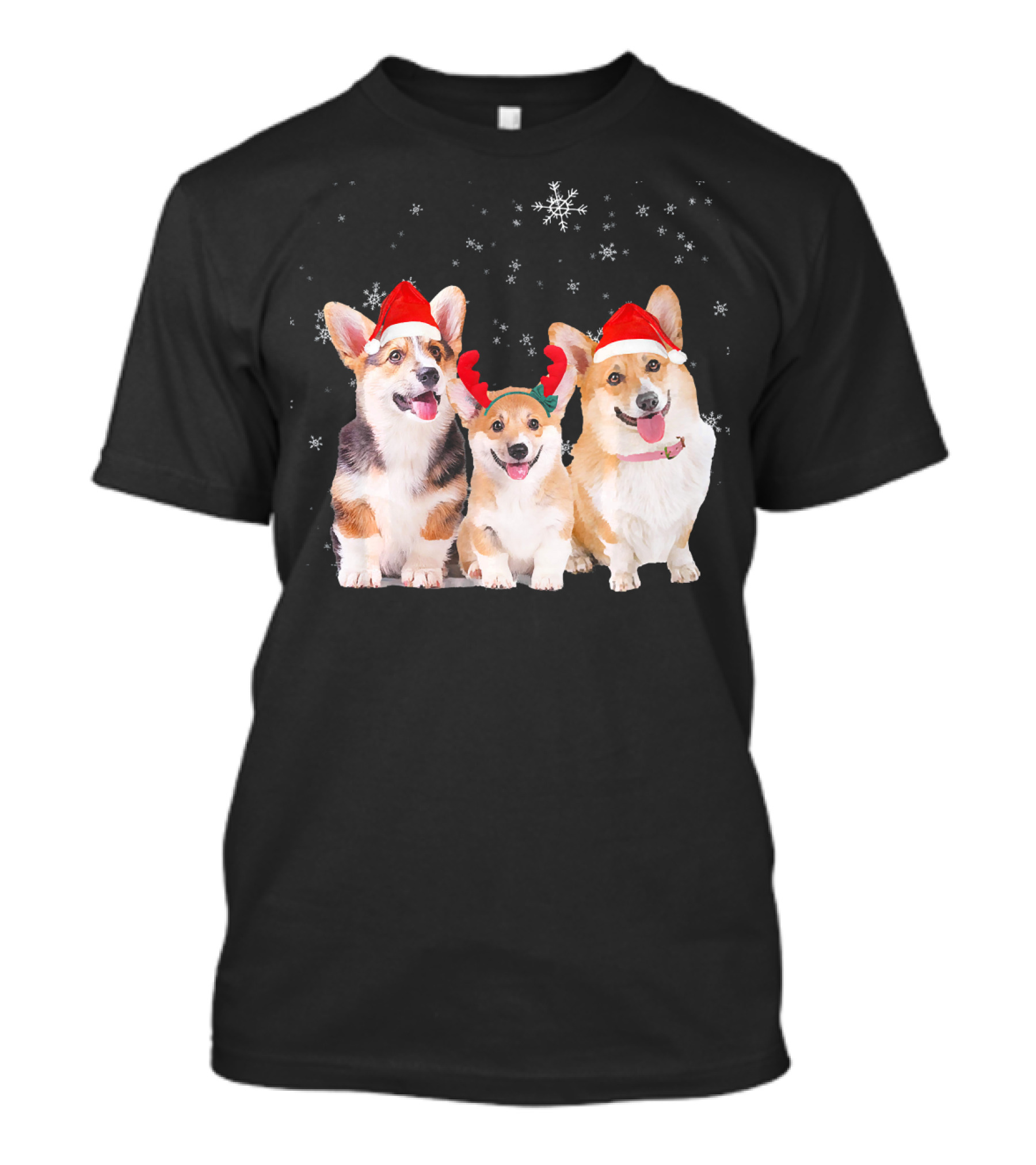 Christmas Corgi Puppy Trio In Santa Hats With Festive Snowflakes T-Shirt