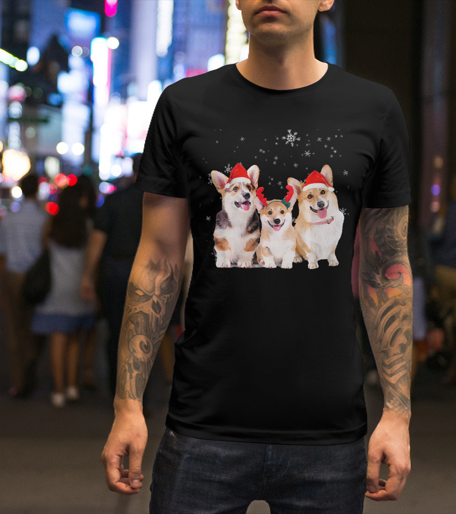 Christmas Corgi Puppy Trio In Santa Hats With Festive Snowflakes T-Shirt