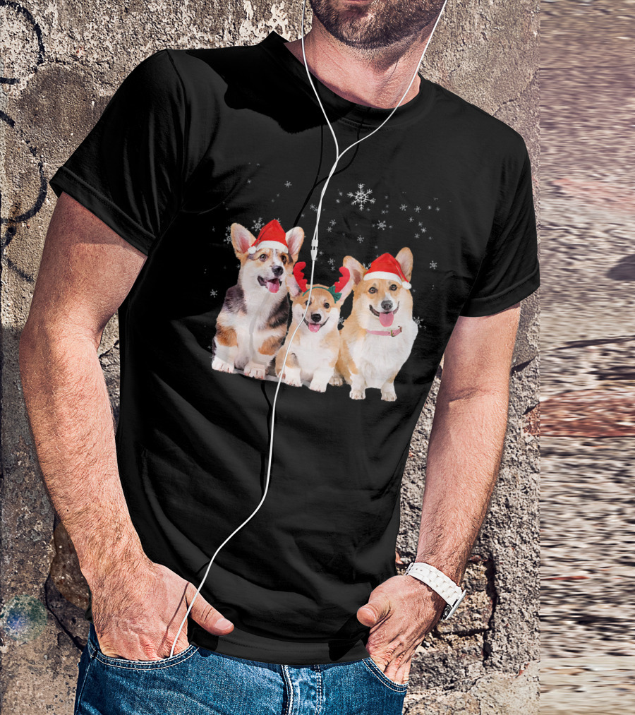 Christmas Corgi Puppy Trio In Santa Hats With Festive Snowflakes T-Shirt