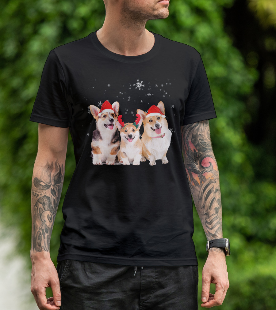 Christmas Corgi Puppy Trio In Santa Hats With Festive Snowflakes T-Shirt