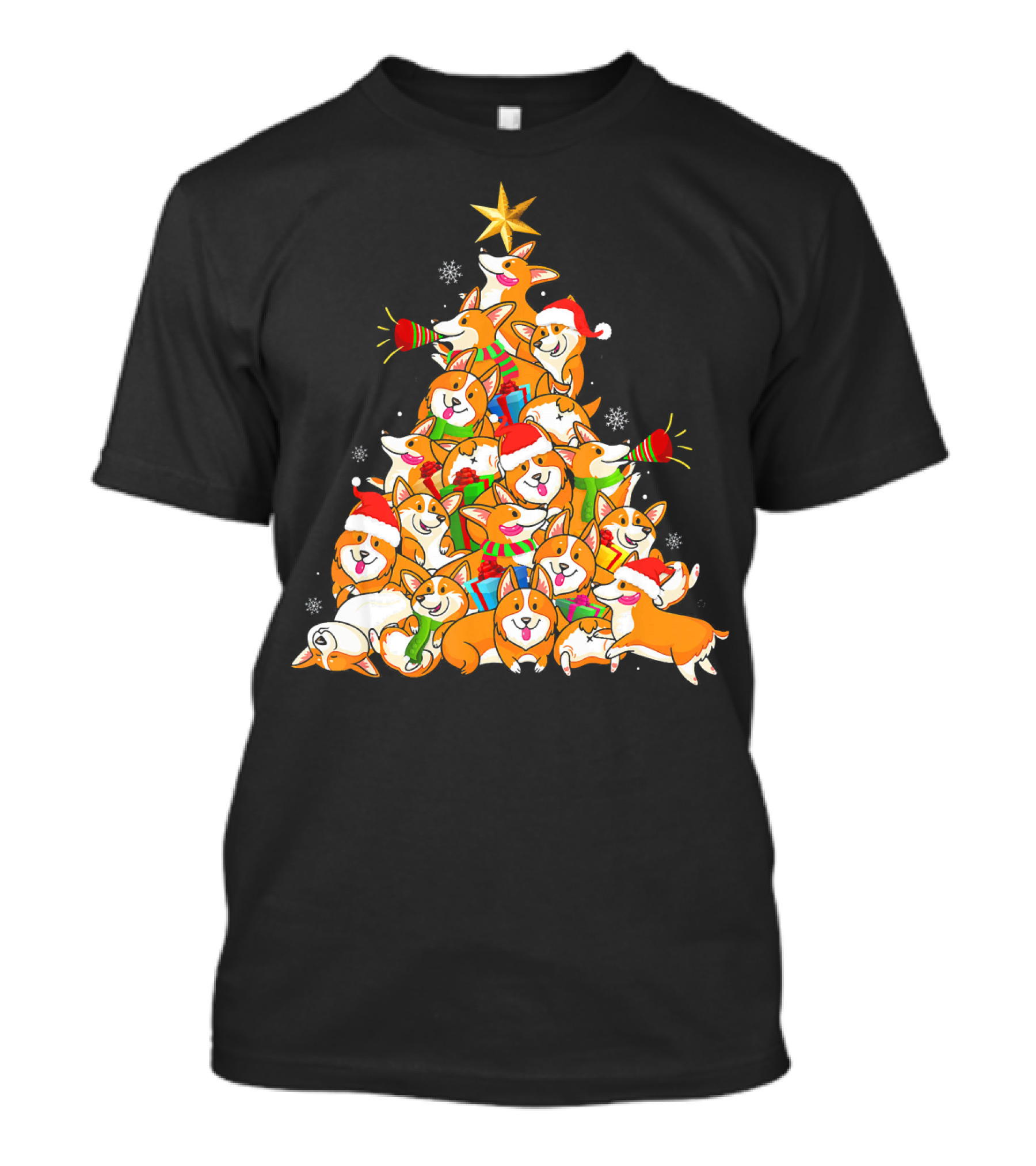 Corgi Dog Christmas Tree With Star And Santa Hats Merry Corgmas T-Shirt