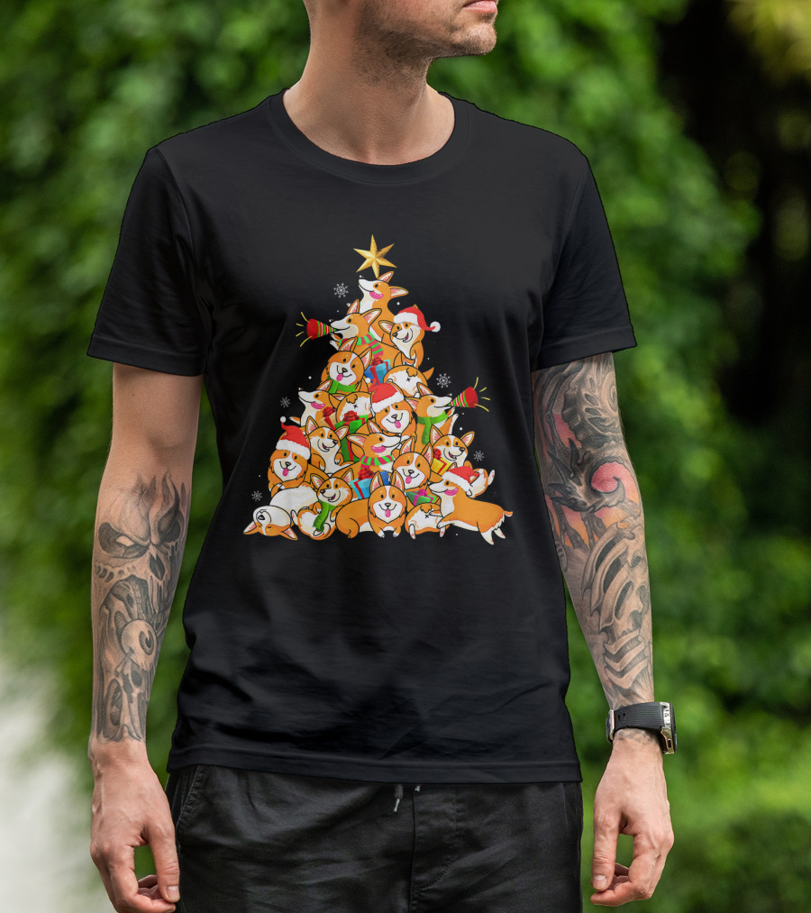 Corgi Dog Christmas Tree With Star And Santa Hats Merry Corgmas T-Shirt