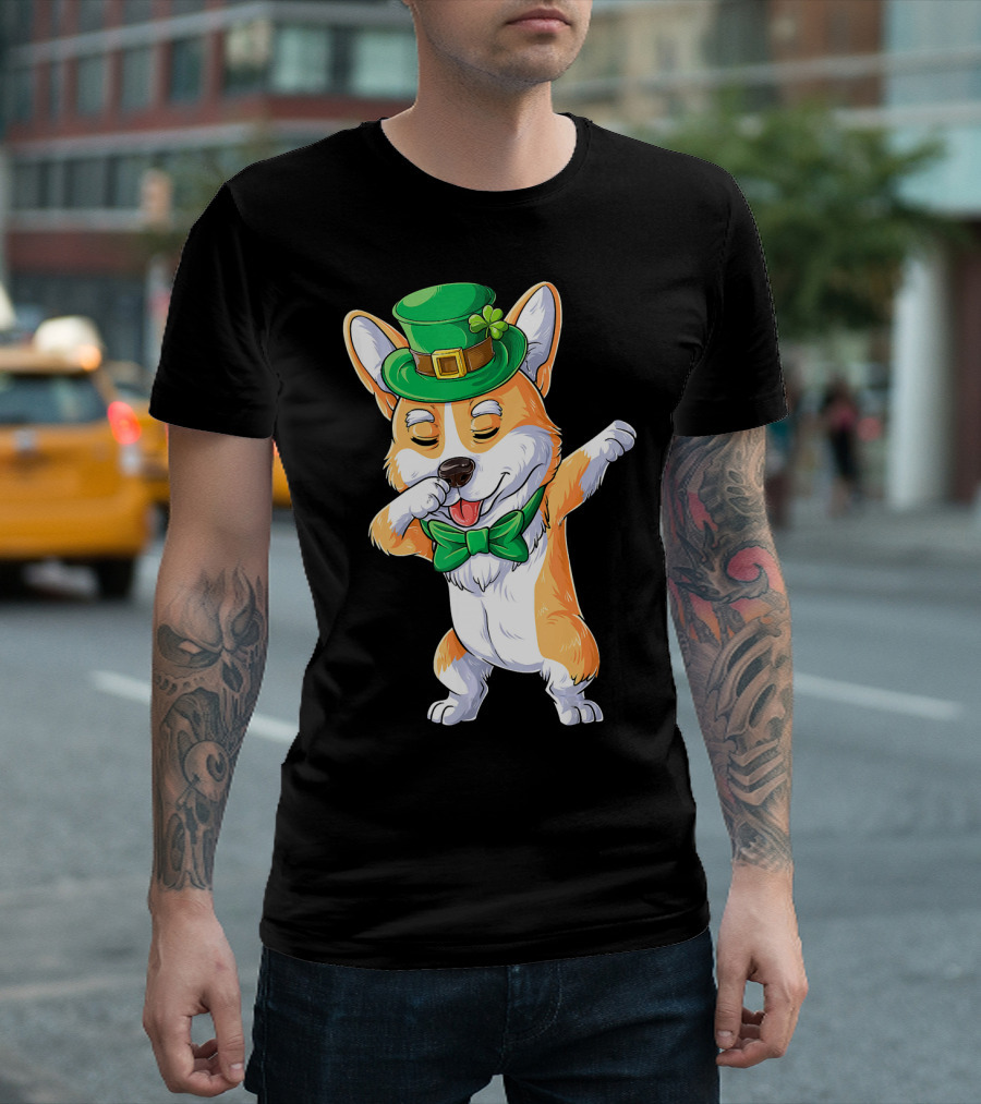 Dabbing Corgi St Patricks Day Bow Tie Green Hat Shamrock T-Shirt
