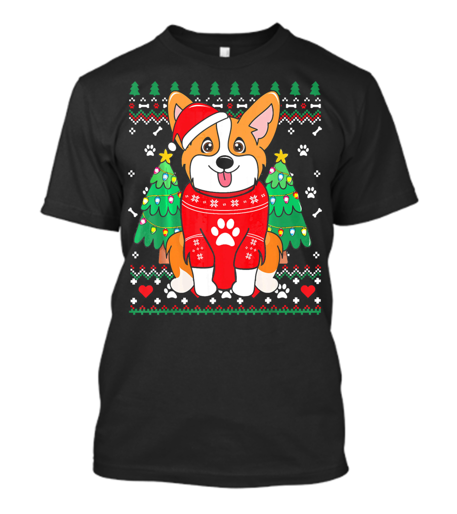 Corgi In Santa Hat With Paw Print Sweater And Christmas Trees T-Shirt