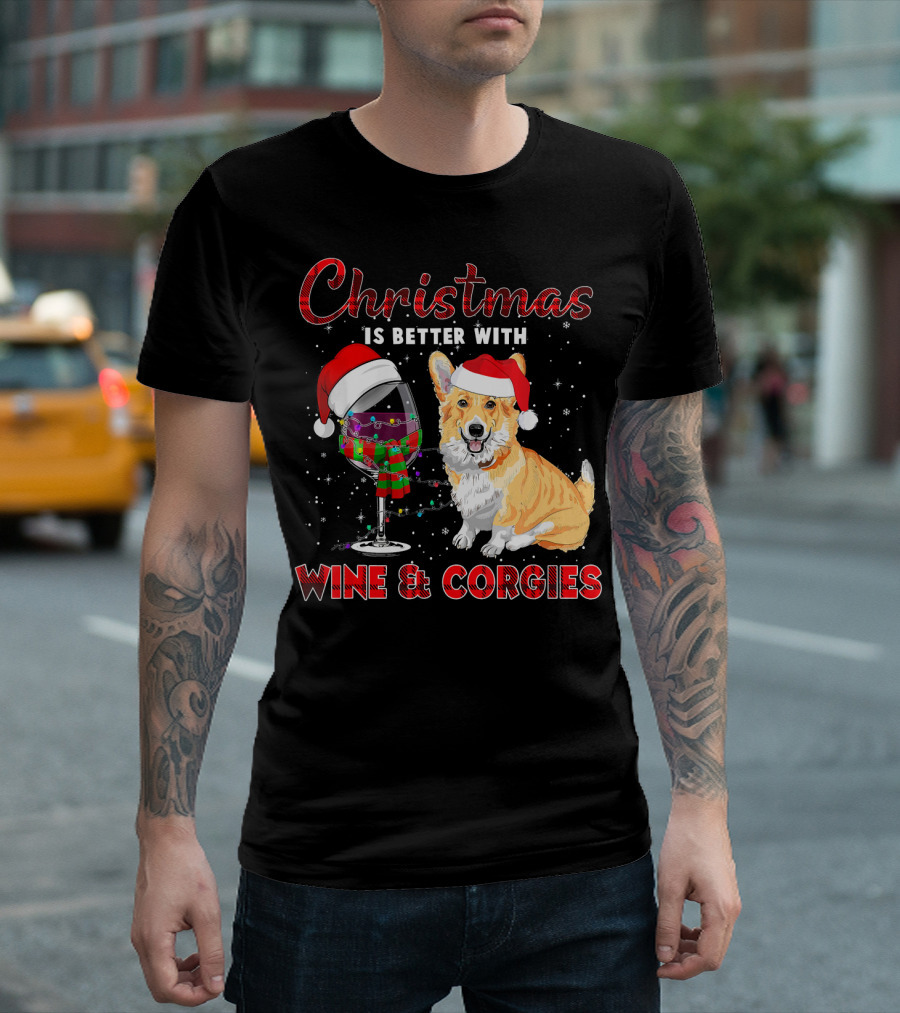 Christmas Is Better With Wine and Corgies Santa Hat Glass T-Shirt