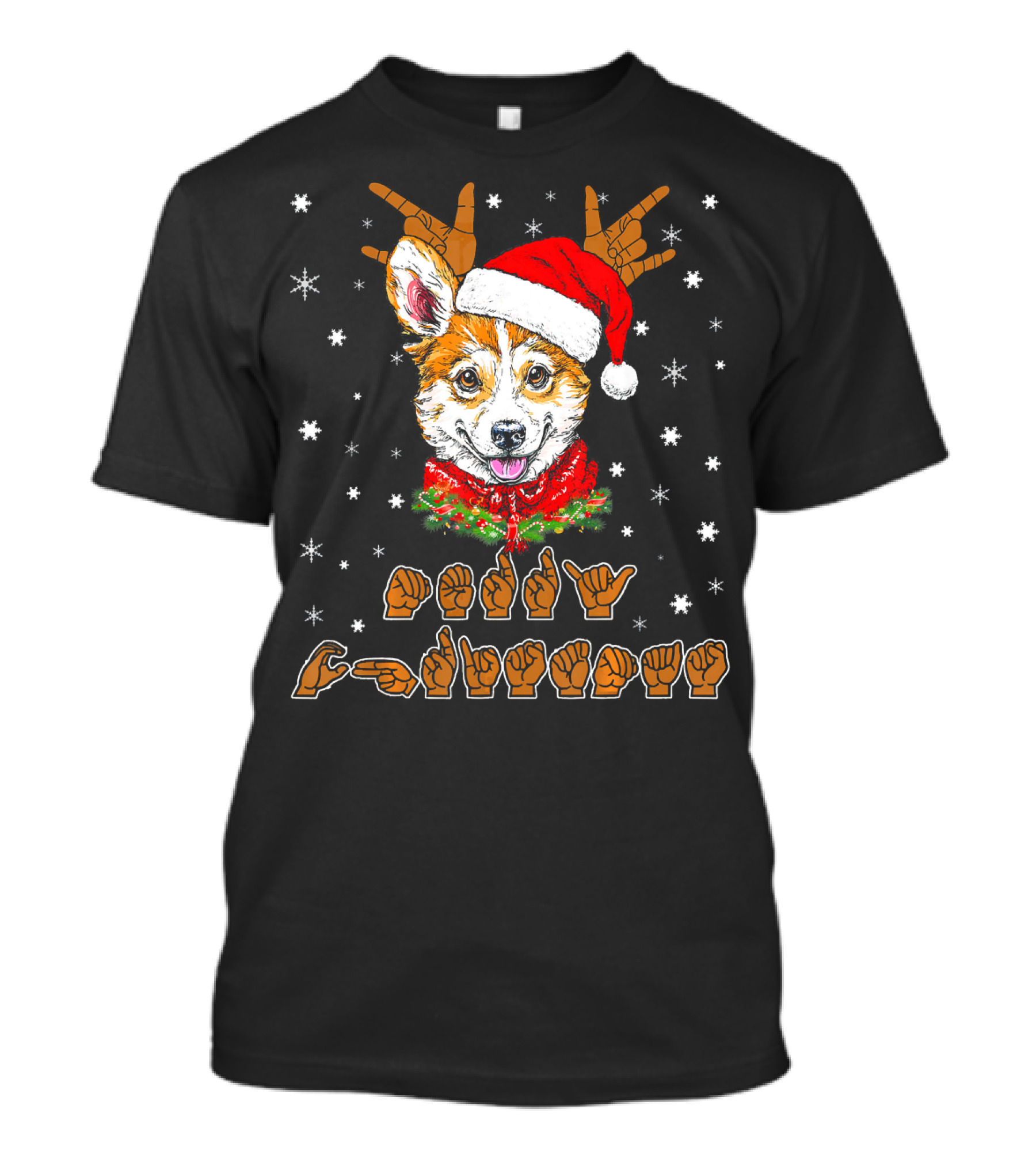 Corgi Dog ASL Sign Language Deaf Christmas Antlers Snowflakes T-Shirt