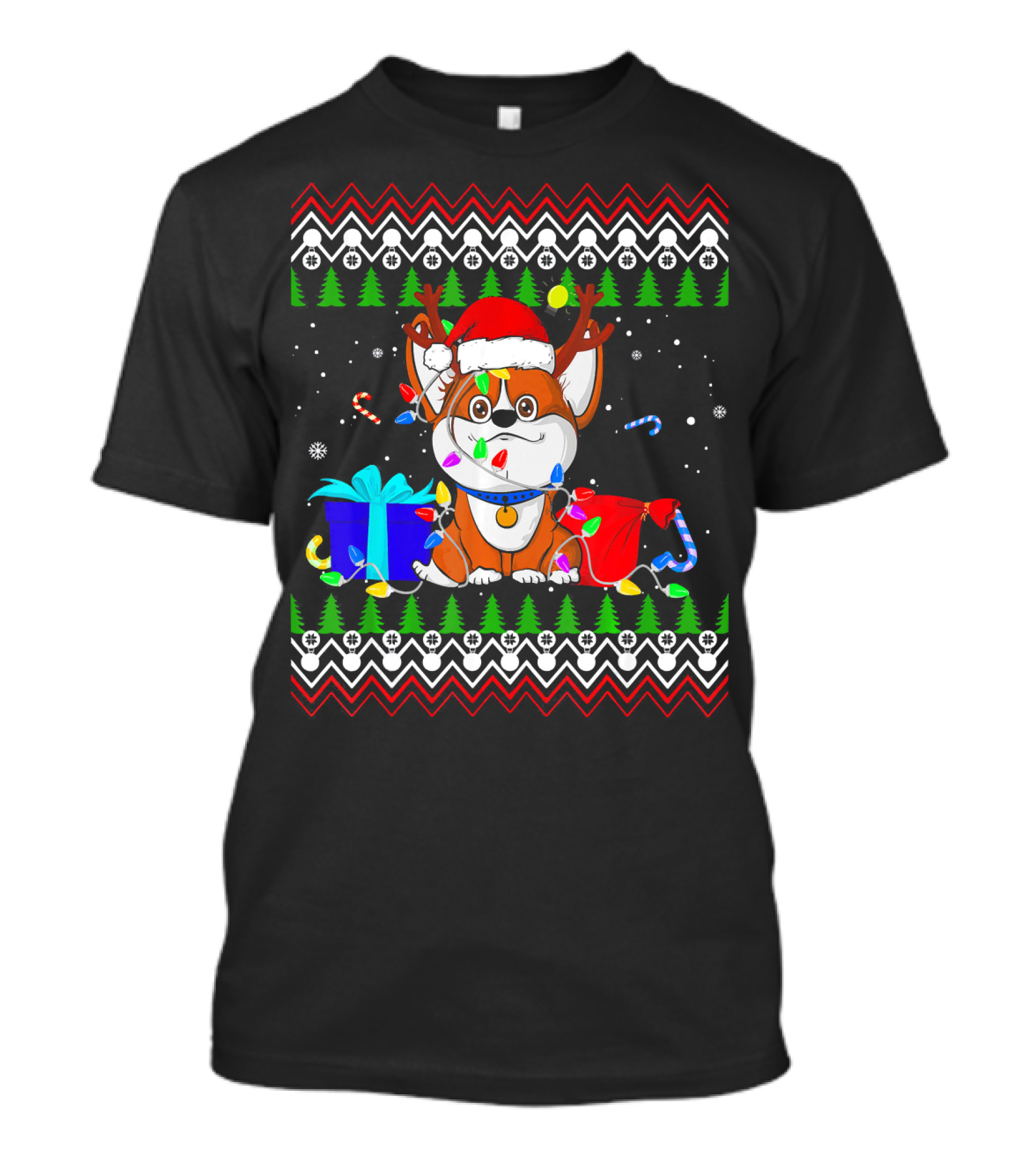 Corgi Christmas Lights Santa Hat Antlers Presents Ugly T-Shirt