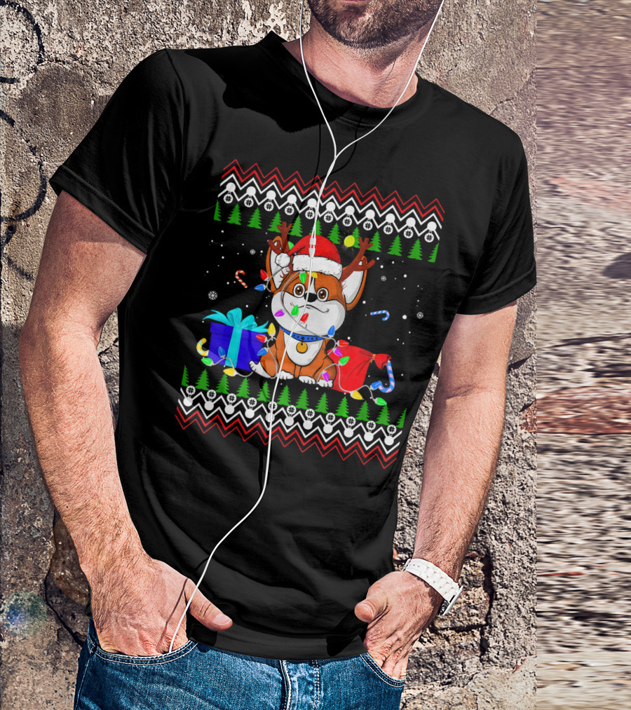 Corgi Christmas Lights Santa Hat Antlers Presents Ugly T-Shirt