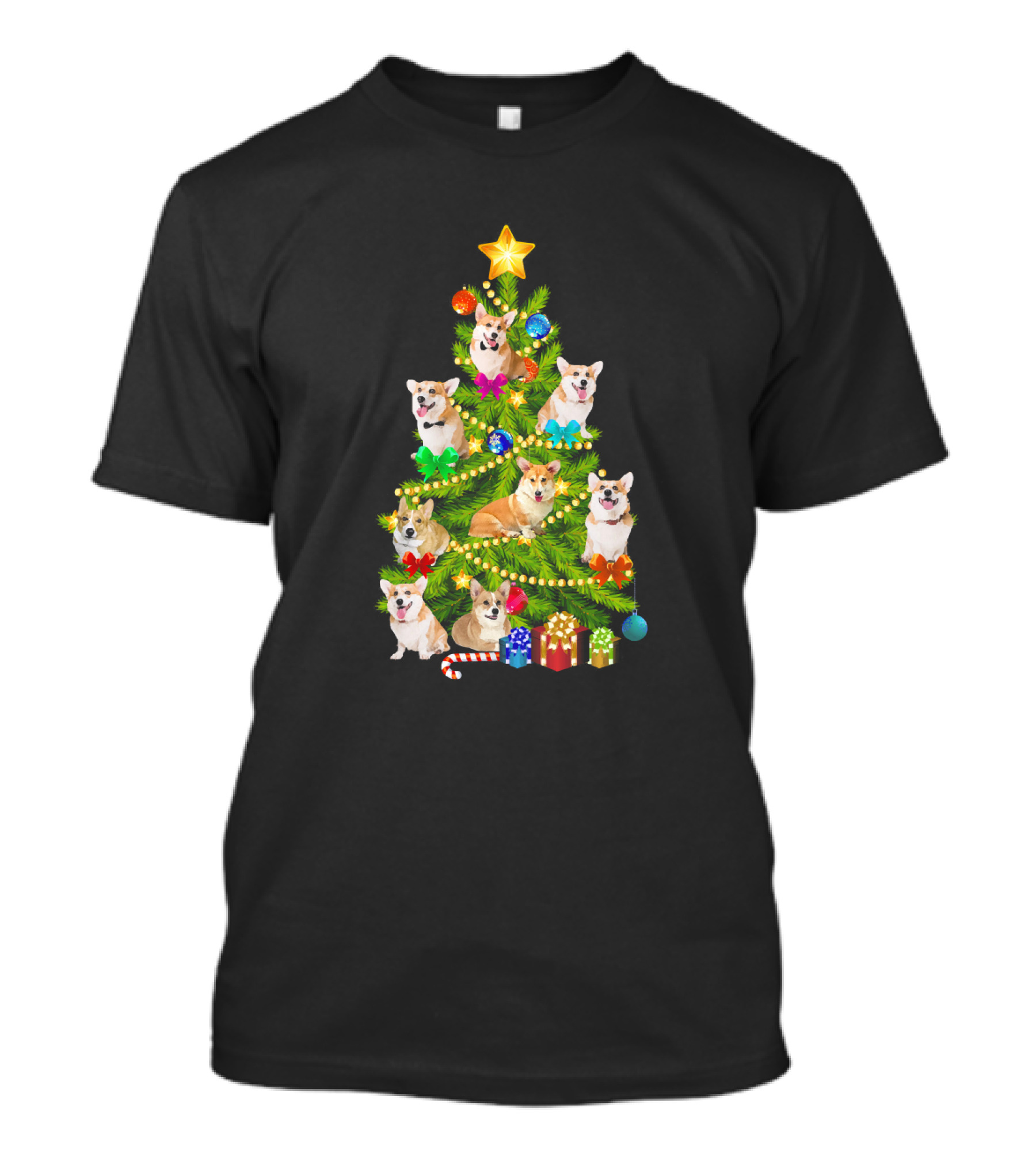 Corgi Christmas Pine Tree With Presents And Decorations T-Shirt