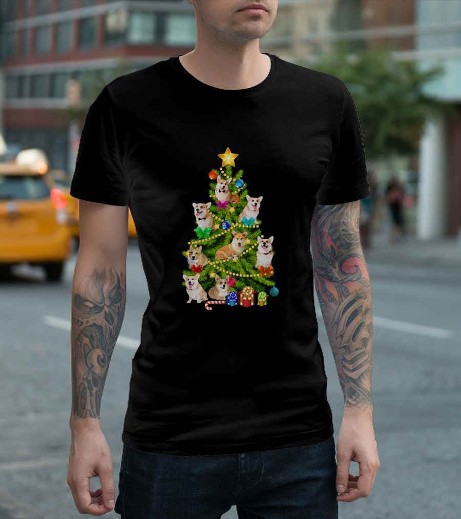 Corgi Christmas Pine Tree With Presents And Decorations T-Shirt