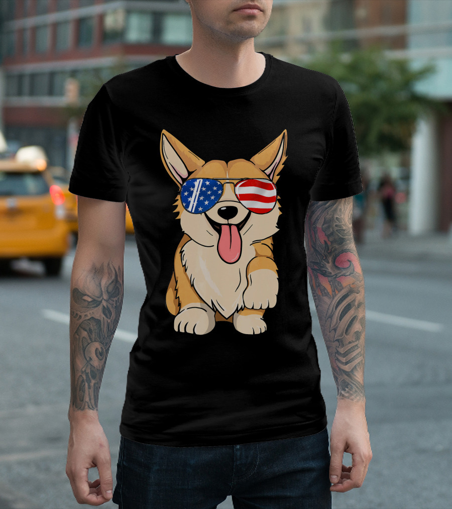 Corgi Sunglasses American Flag 4th Of July Merica T-Shirt
