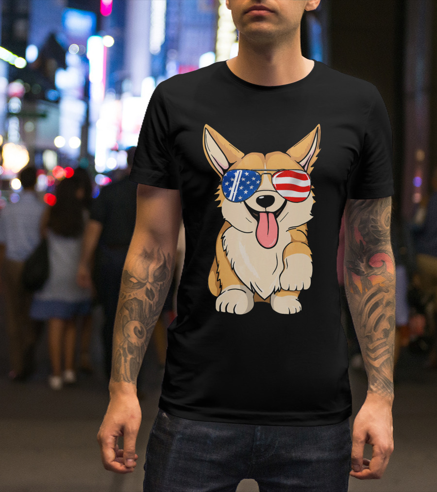 Corgi Sunglasses American Flag 4th Of July Merica T-Shirt