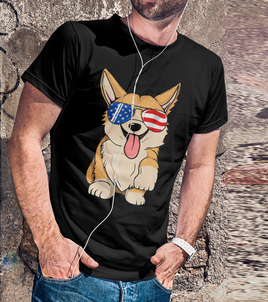 Corgi Sunglasses American Flag 4th Of July Merica T-Shirt