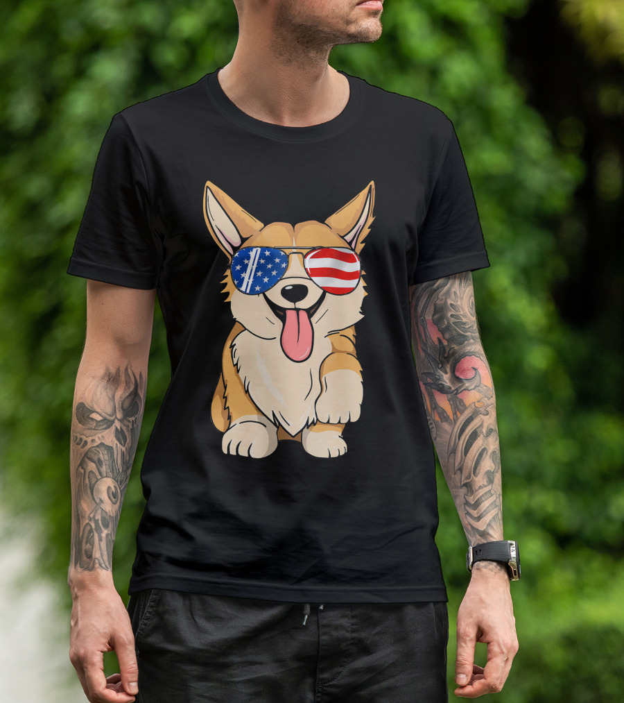 Corgi Sunglasses American Flag 4th Of July Merica T-Shirt