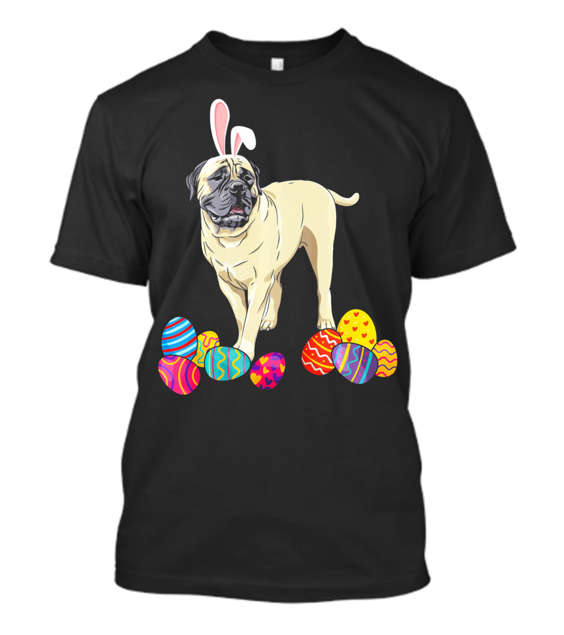 Bullmastiff Wearing Bunny Ears With Colorful Easter Eggs T-Shirt