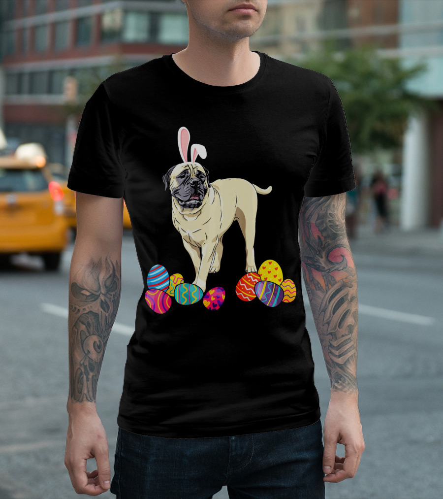 Bullmastiff Wearing Bunny Ears With Colorful Easter Eggs T-Shirt