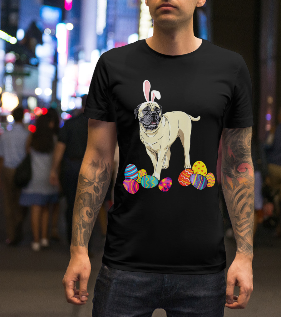 Bullmastiff Wearing Bunny Ears With Colorful Easter Eggs T-Shirt