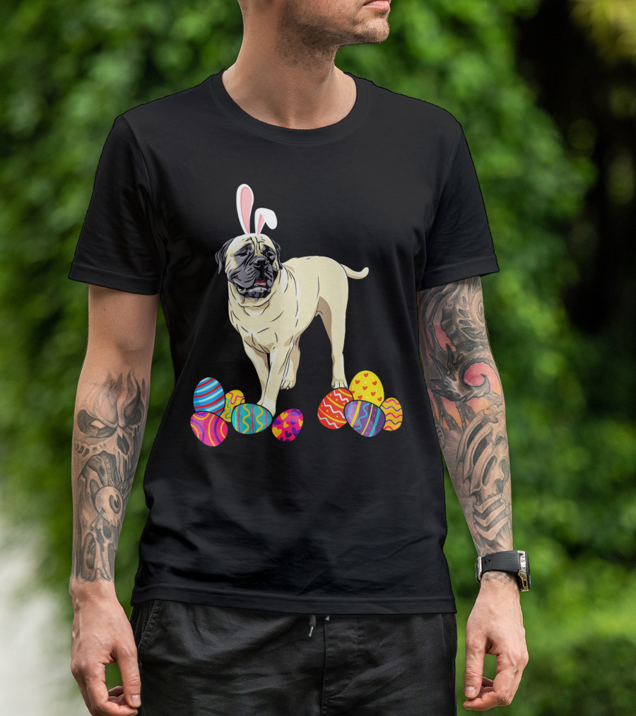 Bullmastiff Wearing Bunny Ears With Colorful Easter Eggs T-Shirt