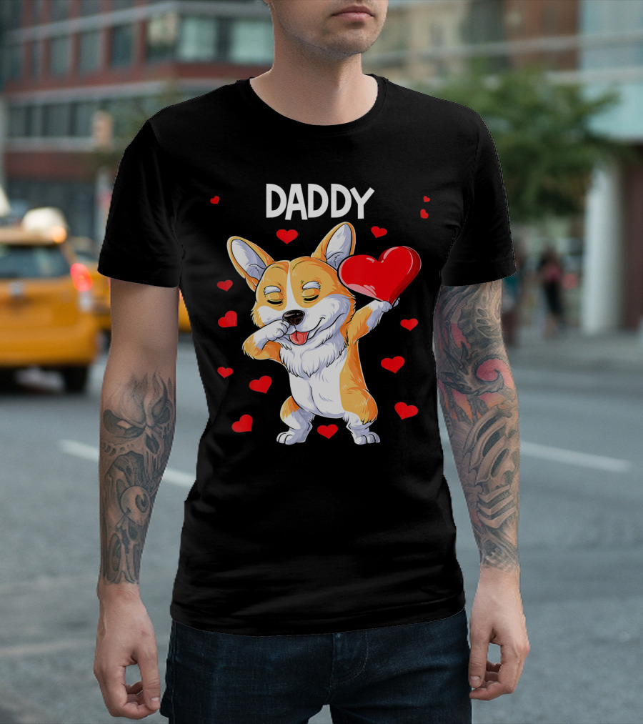 DADDY Dabbing Corgi with Hearts and Love Gesture T-Shirt