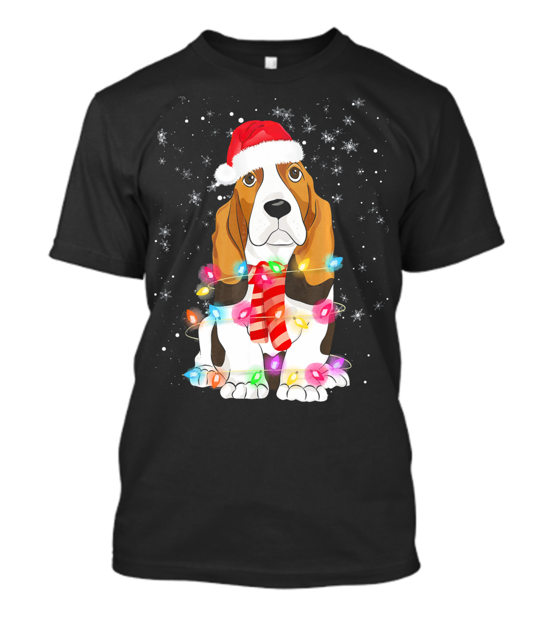 Christmas Basset Hound Dog Lover With Santa Hat And Holiday Lights T-Shirt
