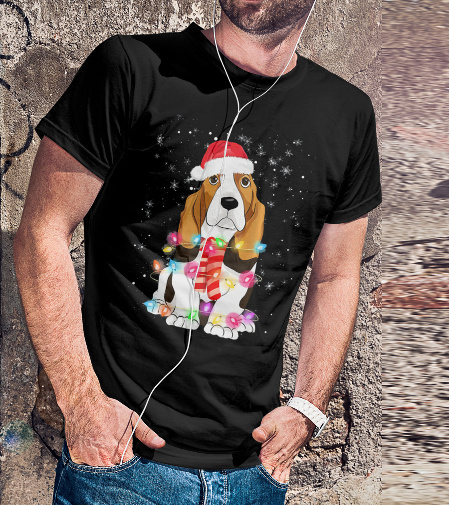 Christmas Basset Hound Dog Lover With Santa Hat And Holiday Lights T-Shirt