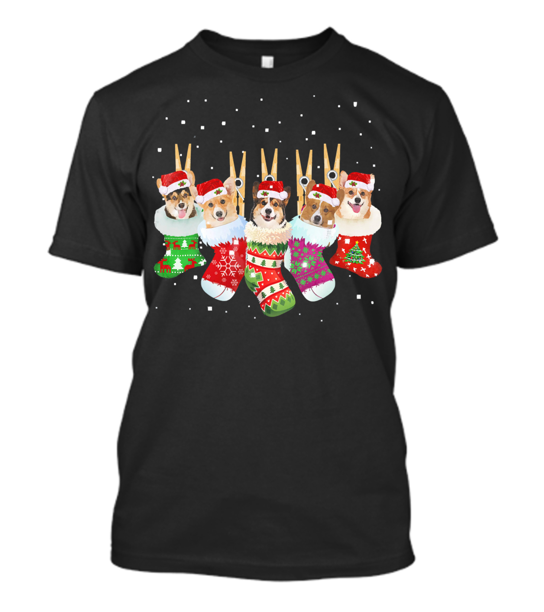 Christmas Corgi Stockings Santa Hats Snowflakes T-Shirt