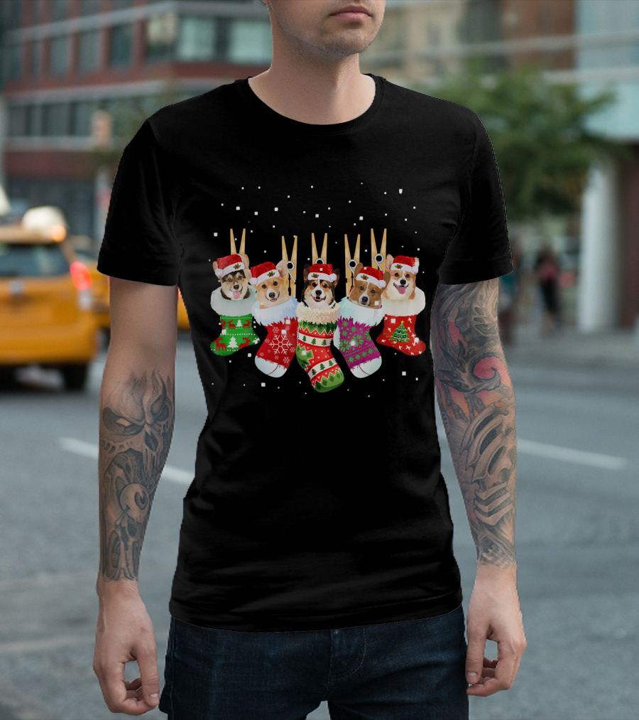 Christmas Corgi Stockings Santa Hats Snowflakes T-Shirt