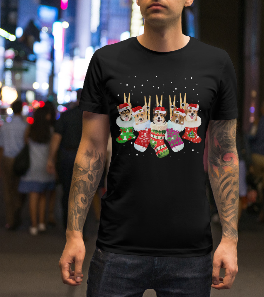 Christmas Corgi Stockings Santa Hats Snowflakes T-Shirt